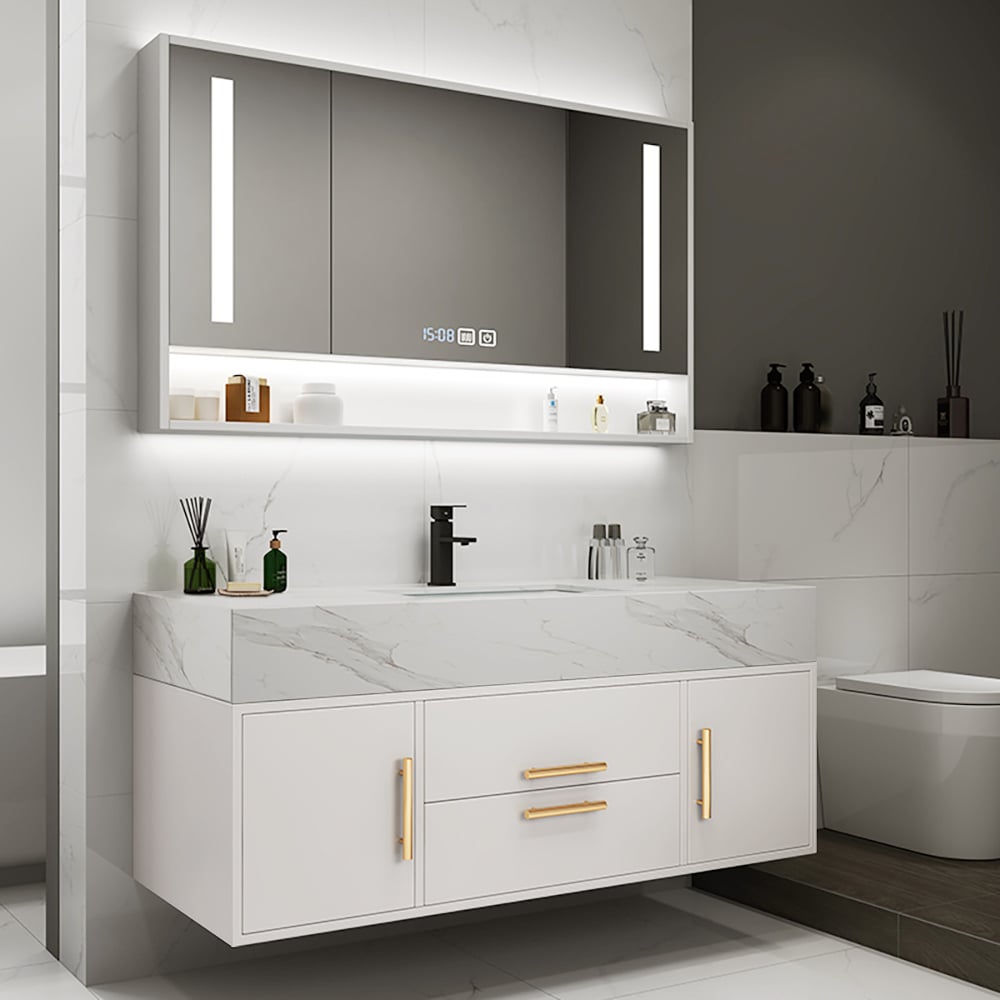 Modern 1000mm White Floating Bathroom Vanity Set Stone Top Wall Mounted Bathroom Cabinet - 