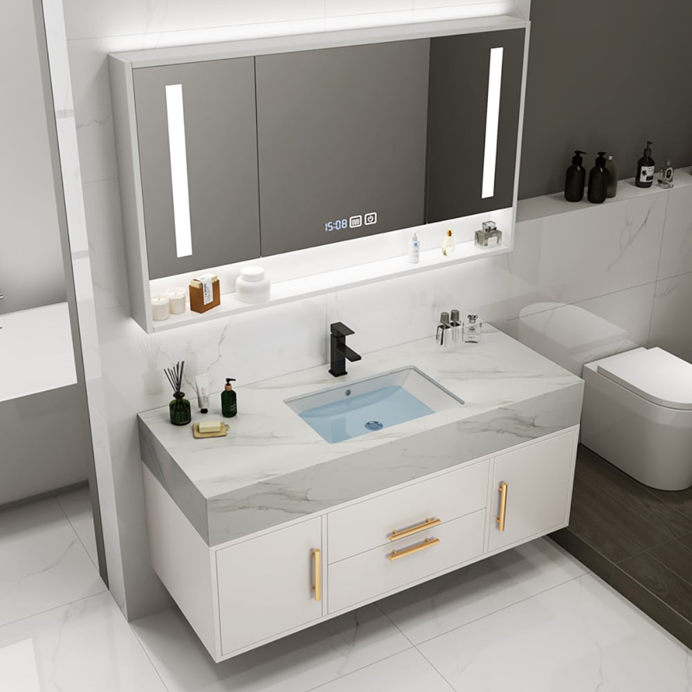Modern 1000mm White Floating Bathroom Vanity Set Stone Top Wall Mounted Bathroom Cabinet - 