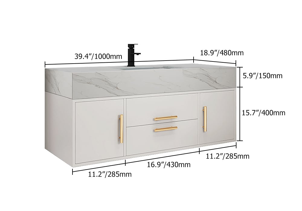 Modern 1000mm White Floating Bathroom Vanity Set Stone Top Wall Mounted Bathroom Cabinet - 