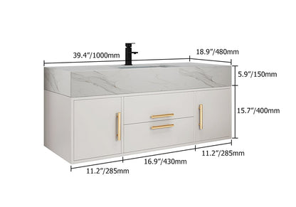 Modern 1000mm White Floating Bathroom Vanity Set Stone Top Wall Mounted Bathroom Cabinet - 