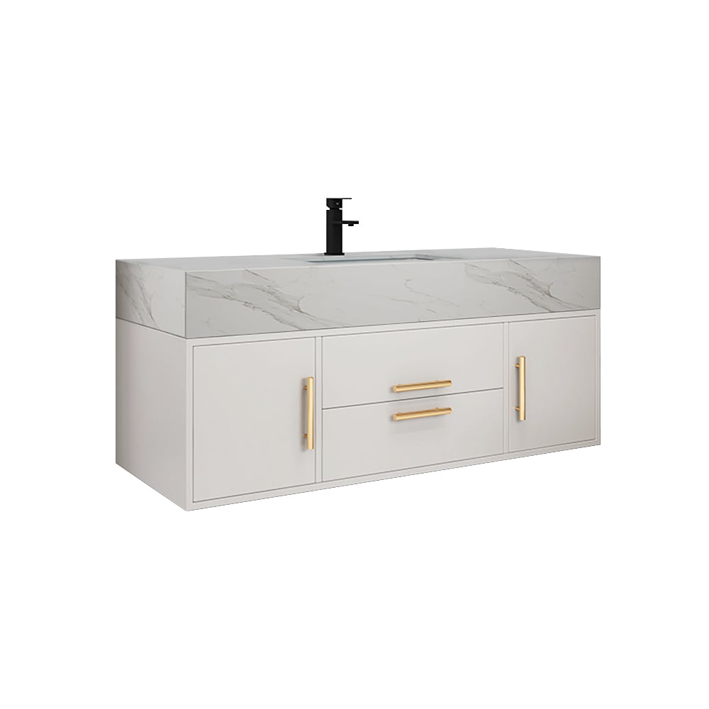 Modern 1000mm White Floating Bathroom Vanity Set Stone Top Wall Mounted Bathroom Cabinet - 