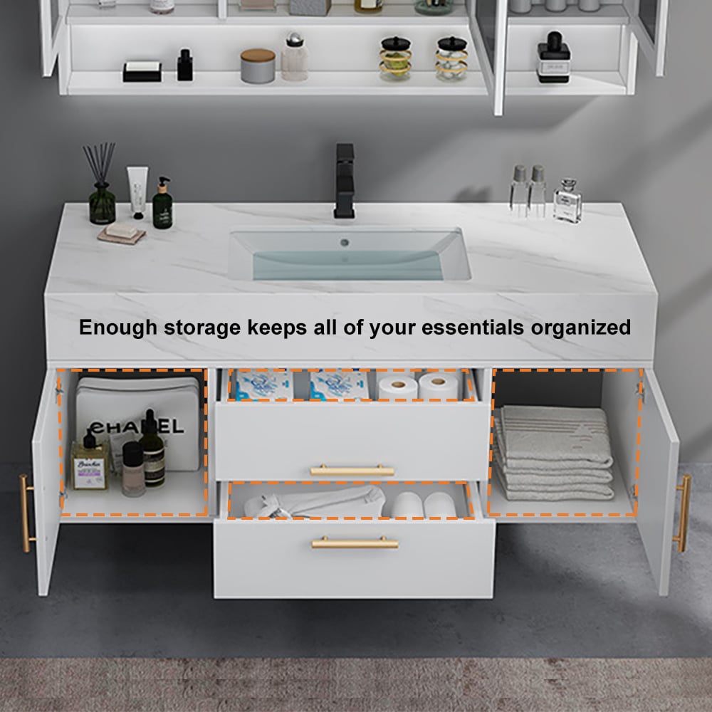 Modern 1000mm White Floating Bathroom Vanity Set Stone Top Wall Mounted Bathroom Cabinet - 