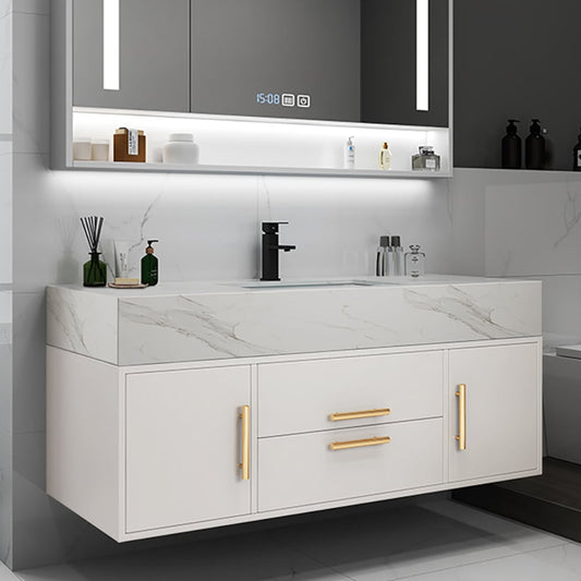 Modern 1000mm White Floating Bathroom Vanity Set Stone Top Wall Mounted Bathroom Cabinet - Homary