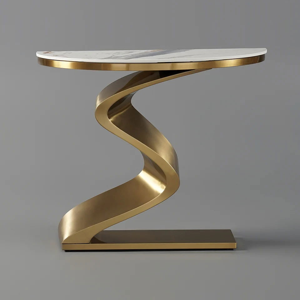 Modern 1000mm White & Gold Curved Console Table with Sintered Stone Top Half Moon Shape - 