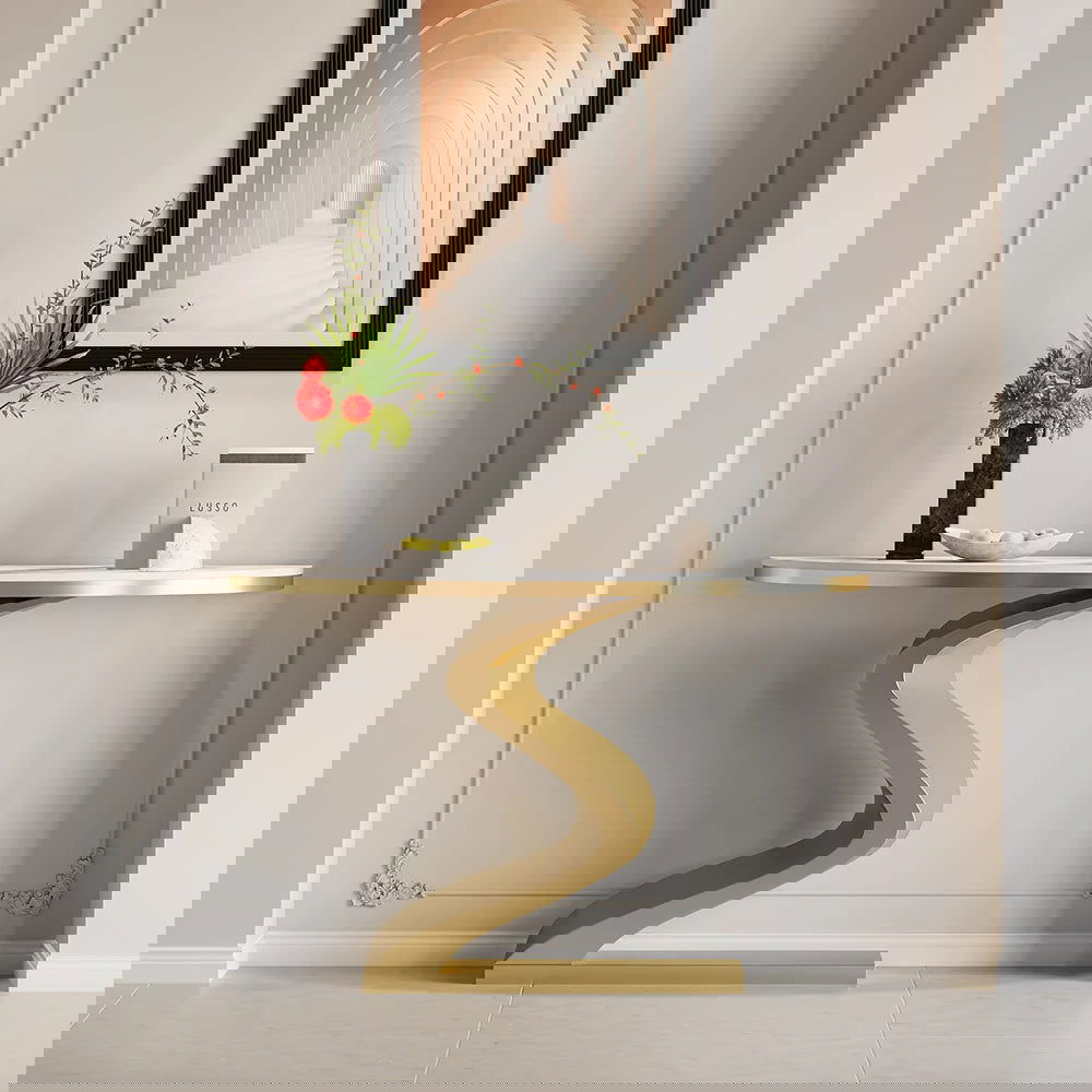 Modern 1000mm White & Gold Curved Console Table with Sintered Stone Top Half Moon Shape - 