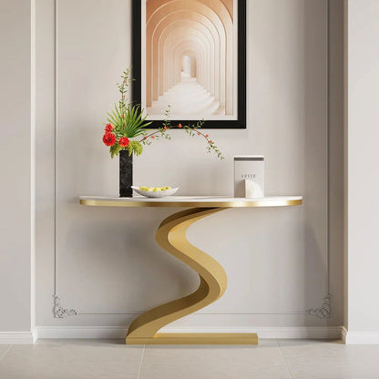 Modern 1000mm White & Gold Curved Console Table with Sintered Stone Top Half Moon Shape - 