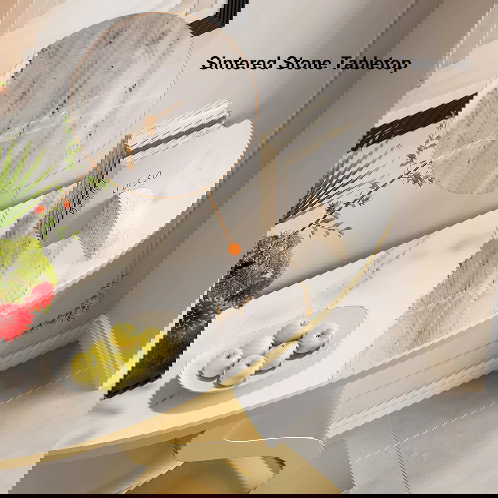 Modern 1000mm White & Gold Curved Console Table with Sintered Stone Top Half Moon Shape - 