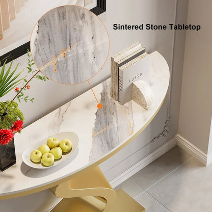 Modern 1000mm White & Gold Curved Console Table with Sintered Stone Top Half Moon Shape - 