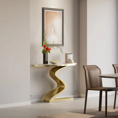 Modern 1000mm White & Gold Curved Console Table with Sintered Stone Top Half Moon Shape - 