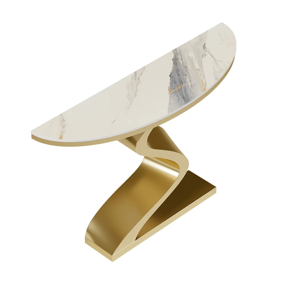 Modern 1000mm White & Gold Curved Console Table with Sintered Stone Top Half Moon Shape - 