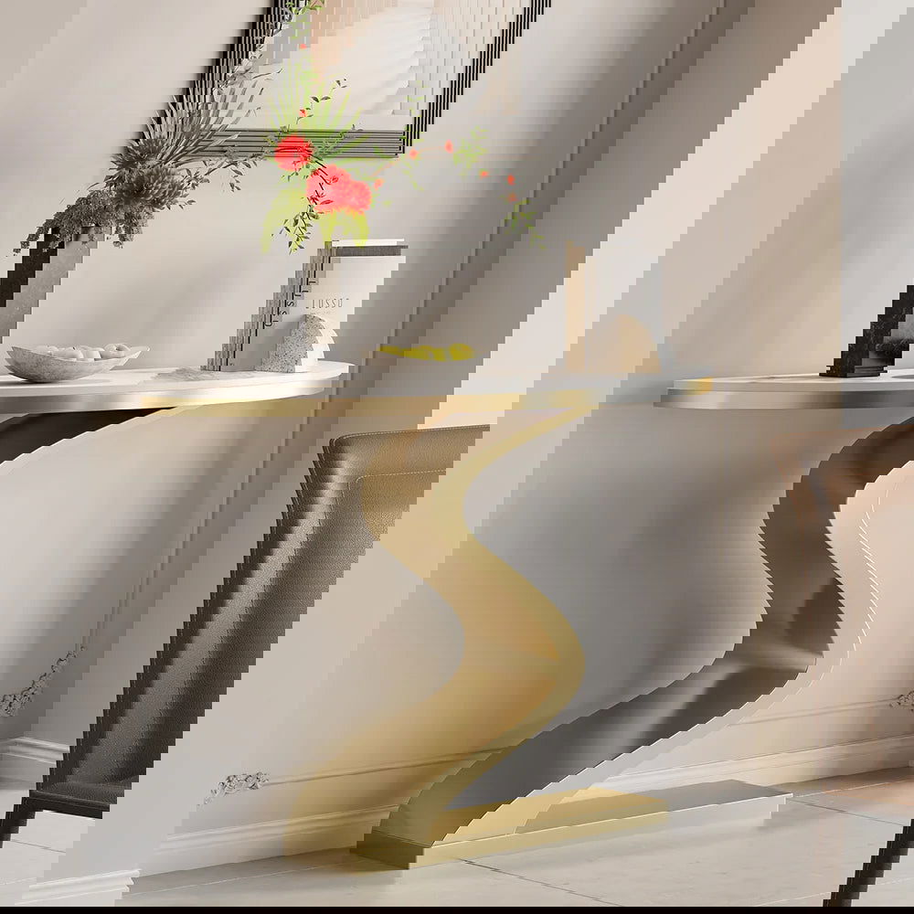 Modern 1000mm White & Gold Curved Console Table with Sintered Stone Top Half Moon Shape - 