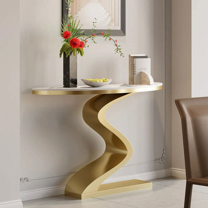 Modern 1000mm White & Gold Curved Console Table with Sintered Stone Top Half Moon Shape - 