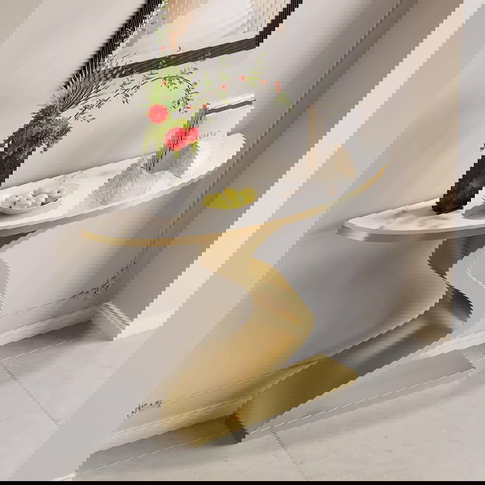 Modern 1000mm White & Gold Curved Console Table with Sintered Stone Top Half Moon Shape - 