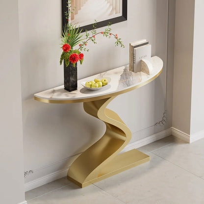 Modern 1000mm White & Gold Curved Console Table with Sintered Stone Top Half Moon Shape - 