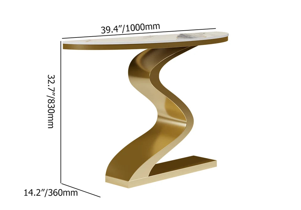 Modern 1000mm White & Gold Curved Console Table with Sintered Stone Top Half Moon Shape - 