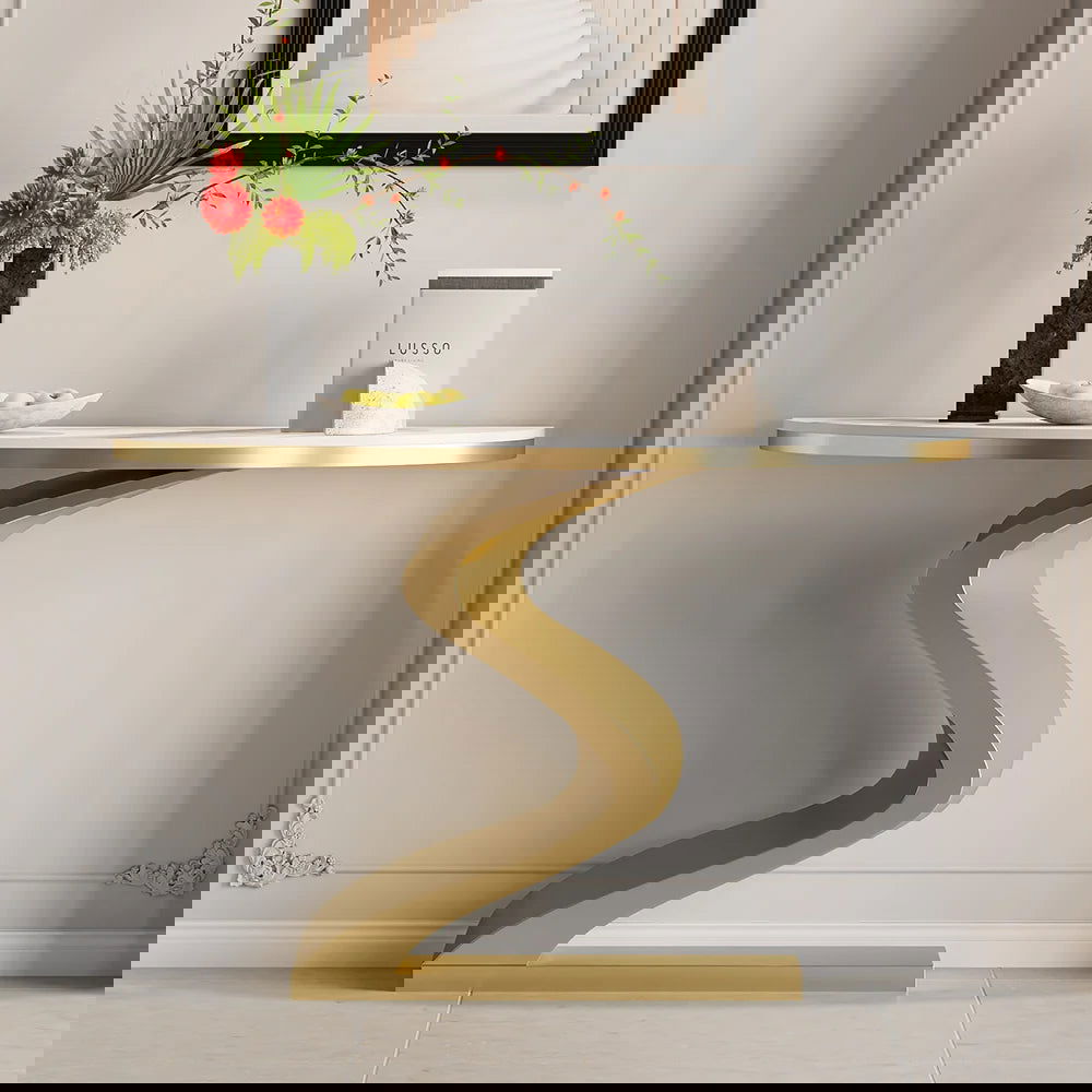 Modern 1000mm White & Gold Curved Console Table with Sintered Stone Top Half Moon Shape - Homary