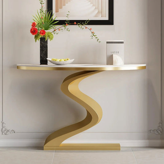 Modern 1000mm White & Gold Curved Console Table with Sintered Stone Top Half Moon Shape - Homary