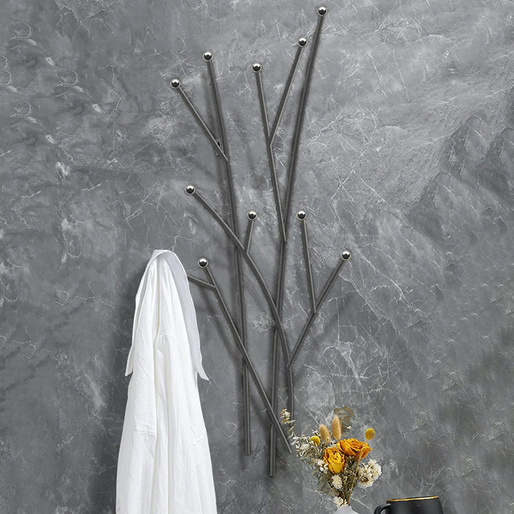 Modern 11-Hook Wall Mounted Coat Rack in Black with Tree Branch Shape - 