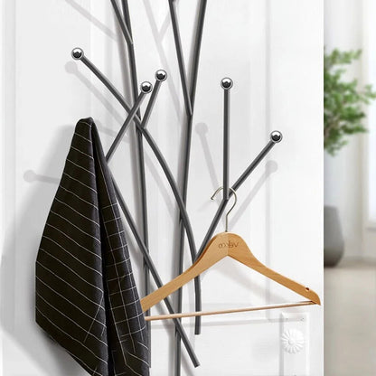 Modern 11-Hook Wall Mounted Coat Rack in Black with Tree Branch Shape - 