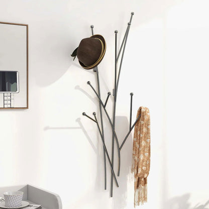 Modern 11-Hook Wall Mounted Coat Rack in Black with Tree Branch Shape - 