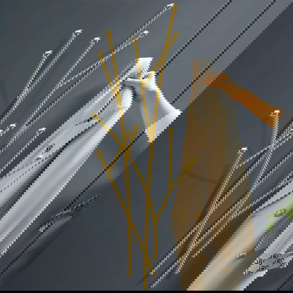 Modern 11-Hook Wall Mounted Coat Rack in Gold with Tree Branch Shape - 