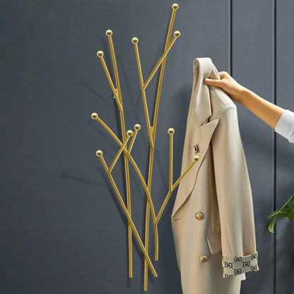 Modern 11-Hook Wall Mounted Coat Rack in Gold with Tree Branch Shape - 