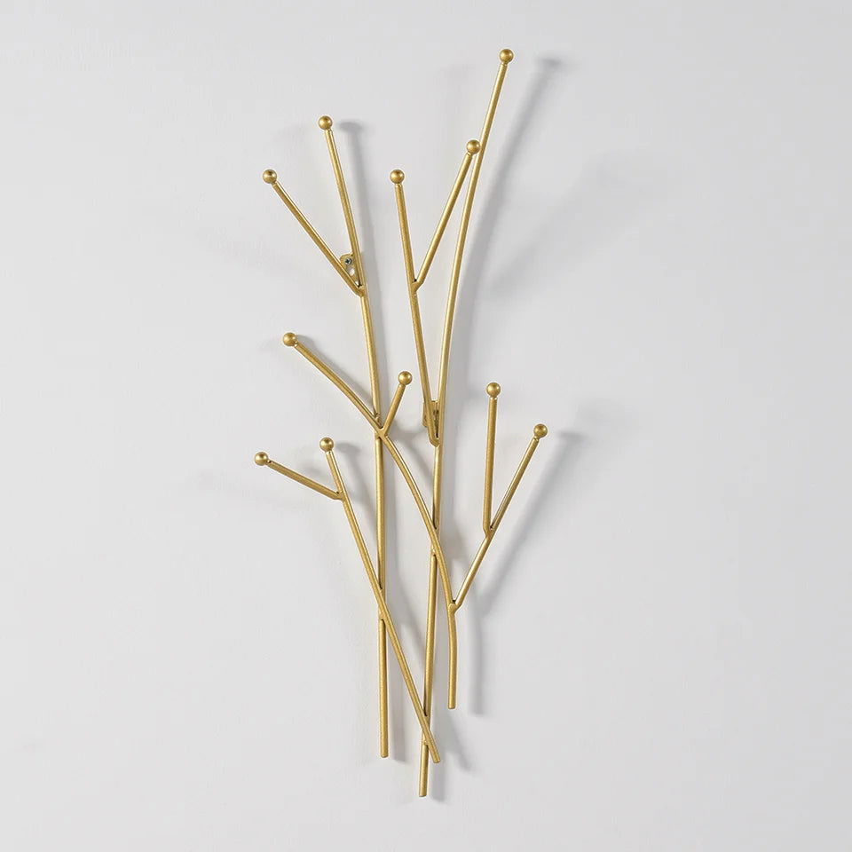 Modern 11-Hook Wall Mounted Coat Rack in Gold with Tree Branch Shape - 