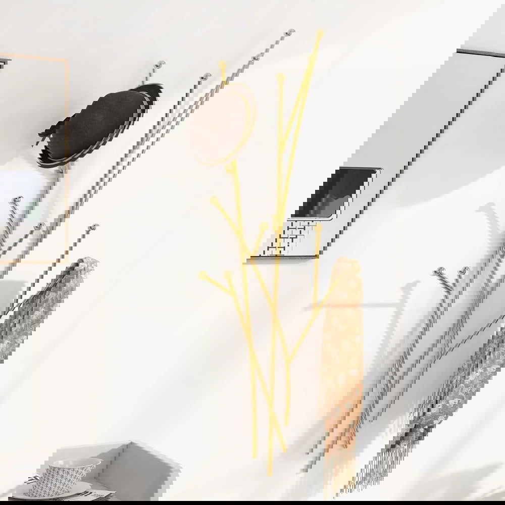 Modern 11-Hook Wall Mounted Coat Rack in Gold with Tree Branch Shape