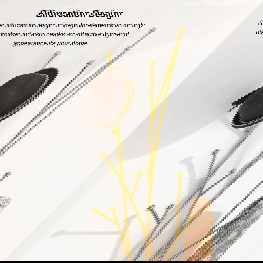 Modern 11-Hook Wall Mounted Coat Rack in Gold with Tree Branch Shape - 