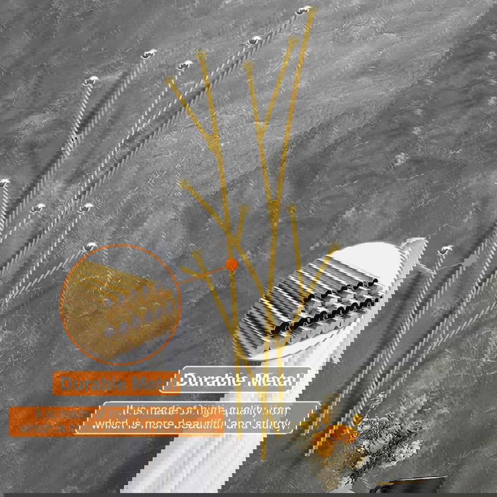 Modern 11-Hook Wall Mounted Coat Rack in Gold with Tree Branch Shape - 