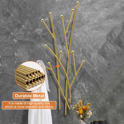 Modern 11-Hook Wall Mounted Coat Rack in Gold with Tree Branch Shape - 