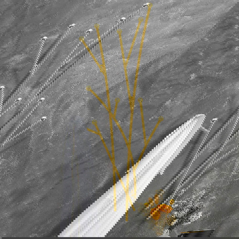 Modern 11-Hook Wall Mounted Coat Rack in Gold with Tree Branch Shape - 