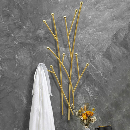 Modern 11-Hook Wall Mounted Coat Rack in Gold with Tree Branch Shape - 