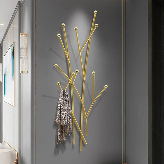 Modern 11-Hook Wall Mounted Coat Rack in Gold with Tree Branch Shape - Homary