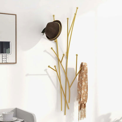 Modern 11-Hook Wall Mounted Coat Rack in Gold with Tree Branch Shape - Homary