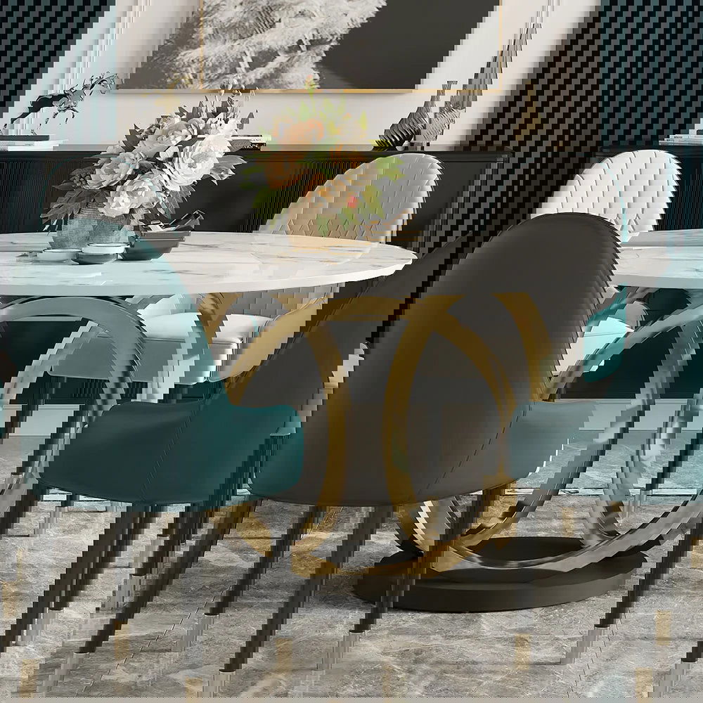 Modern 1350mm Round White Dining Table for 6 Person Faux Marble Top Gold&Black Pedestal - 