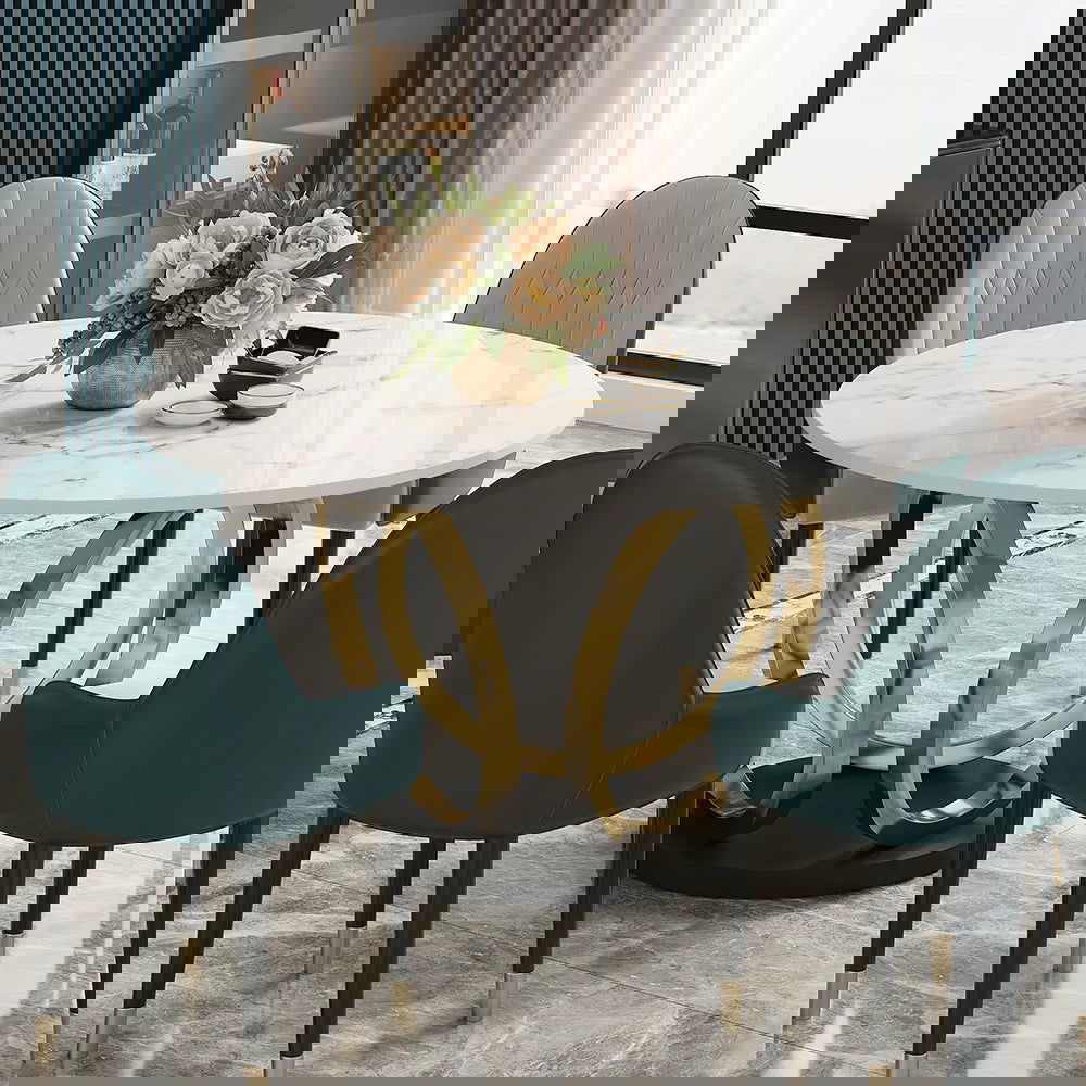 Modern 1350mm Round White Dining Table for 6 Person Faux Marble Top Gold&Black Pedestal - 