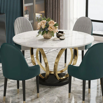 Modern 1350mm Round White Dining Table for 6 Person Faux Marble Top Gold&Black Pedestal - 