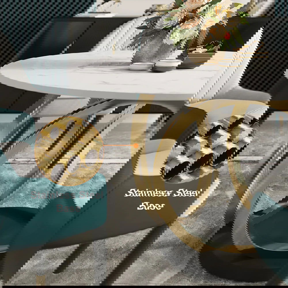 Modern 1350mm Round White Dining Table for 6 Person Faux Marble Top Gold&Black Pedestal - 