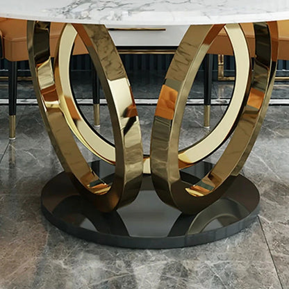 Modern 1350mm Round White Dining Table for 6 Person Faux Marble Top Gold&Black Pedestal - 