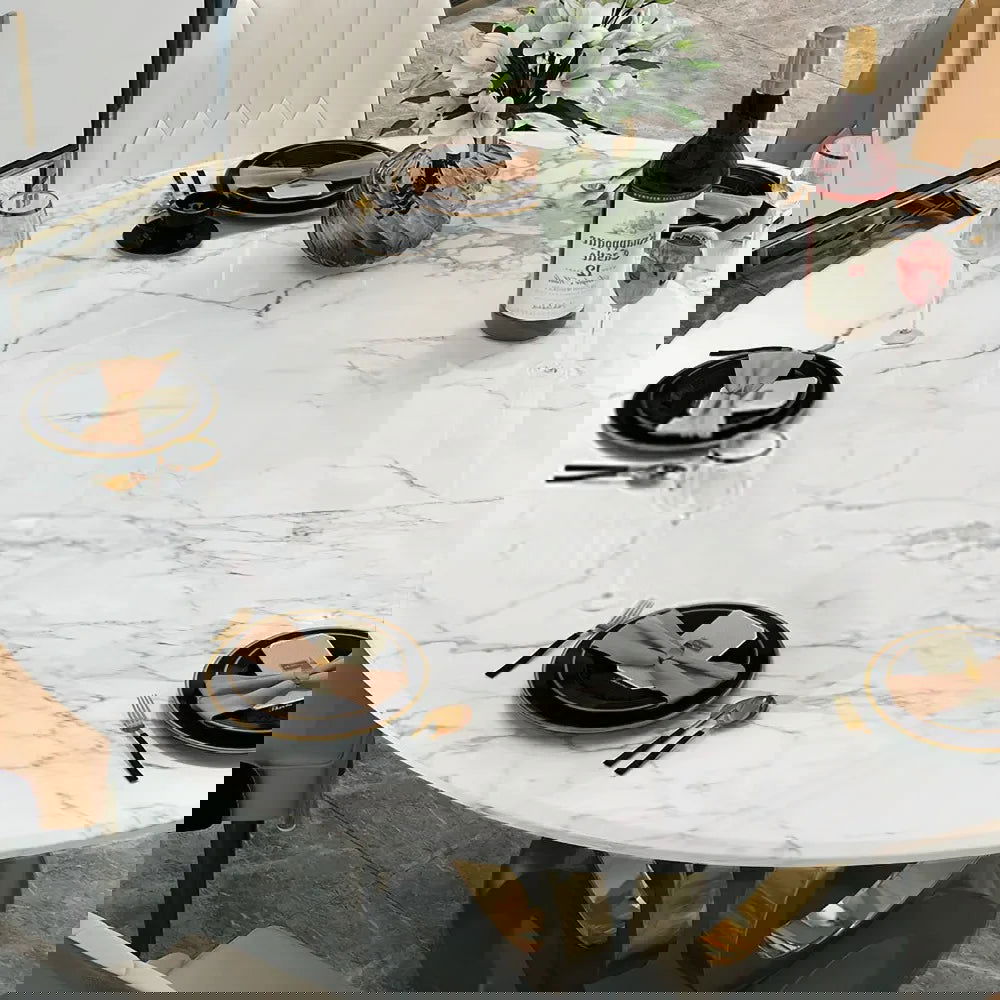 Modern 1350mm Round White Dining Table for 6 Person Faux Marble Top Gold&Black Pedestal - 