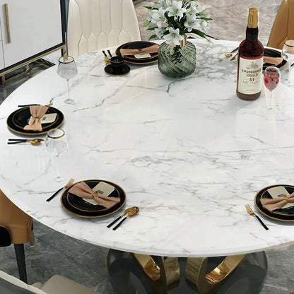 Modern 1350mm Round White Dining Table for 6 Person Faux Marble Top Gold&Black Pedestal - 