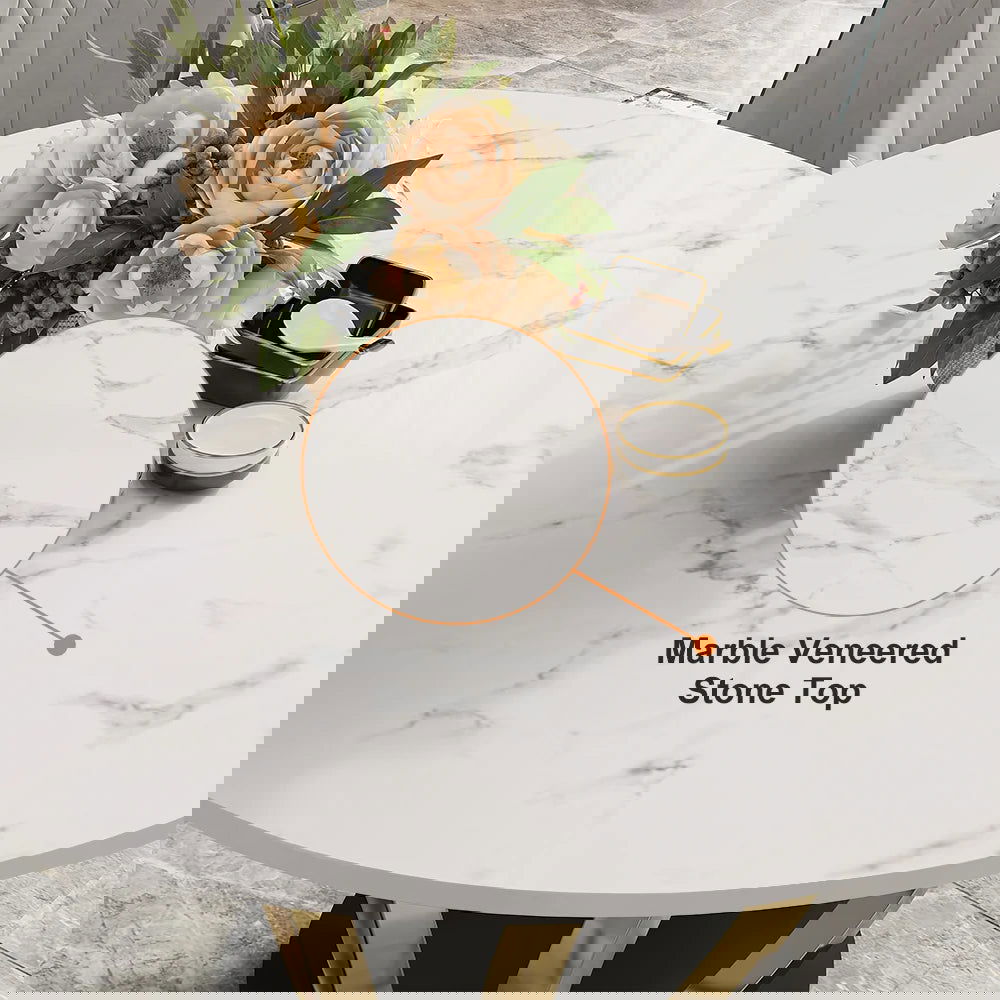 Modern 1350mm Round White Dining Table for 6 Person Faux Marble Top Gold&Black Pedestal - 