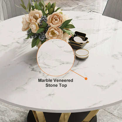 Modern 1350mm Round White Dining Table for 6 Person Faux Marble Top Gold&Black Pedestal - 