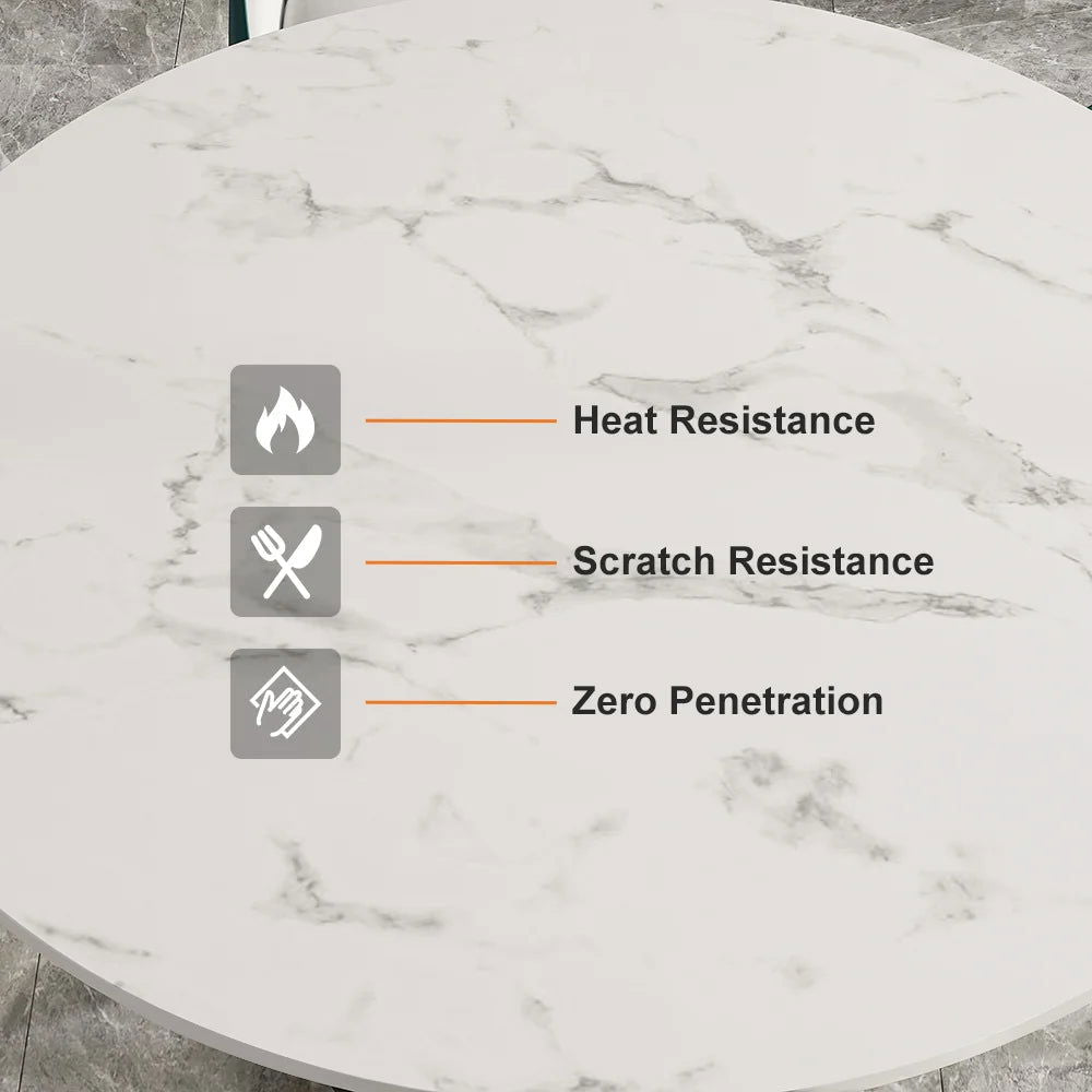 Modern 1350mm Round White Dining Table for 6 Person Faux Marble Top Gold&Black Pedestal - 