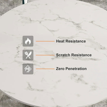 Modern 1350mm Round White Dining Table for 6 Person Faux Marble Top Gold&Black Pedestal - 