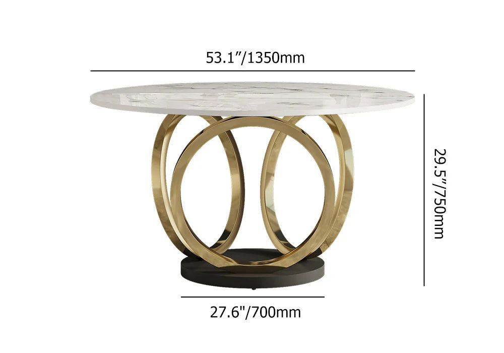 Modern 1350mm Round White Dining Table for 6 Person Faux Marble Top Gold&Black Pedestal - 