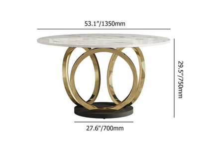 Modern 1350mm Round White Dining Table for 6 Person Faux Marble Top Gold&Black Pedestal - 