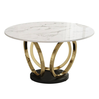 Modern 1350mm Round White Dining Table for 6 Person Faux Marble Top Gold&Black Pedestal - 
