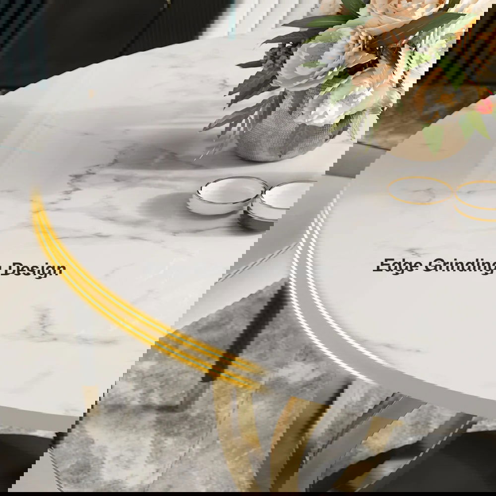 Modern 1350mm Round White Dining Table for 6 Person Faux Marble Top Gold&Black Pedestal - 